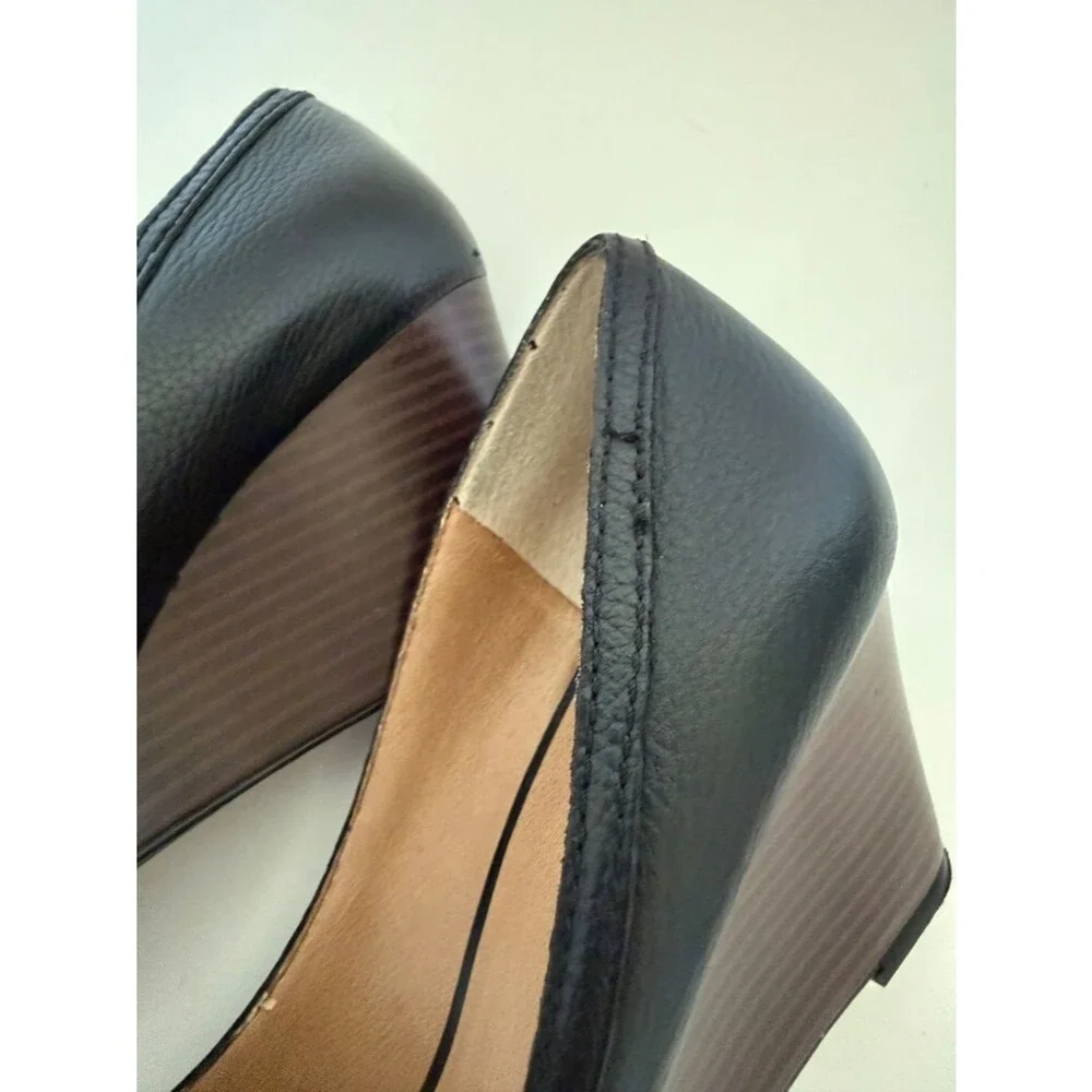 Saks Fifth Avenue Black Leather Peep Toe Wedge Heels 7M